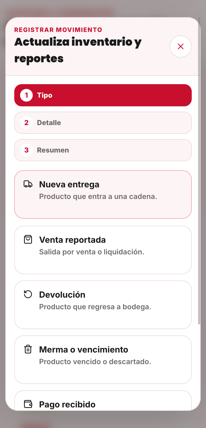 Vista móvil para registrar entregas, ventas, devoluciones, mermas y pagos